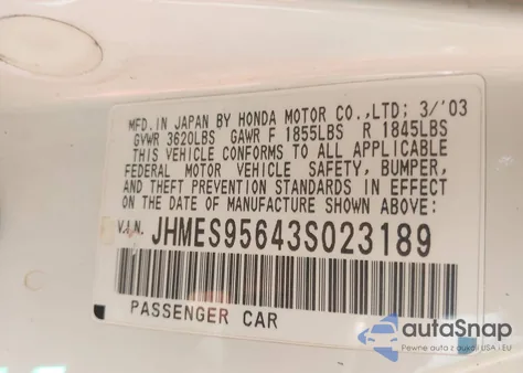 2003 Honda Civic Hybrid from USA, damaged, VIN JHMES95643S023189